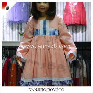 blue checked hem long sleeve pink dress